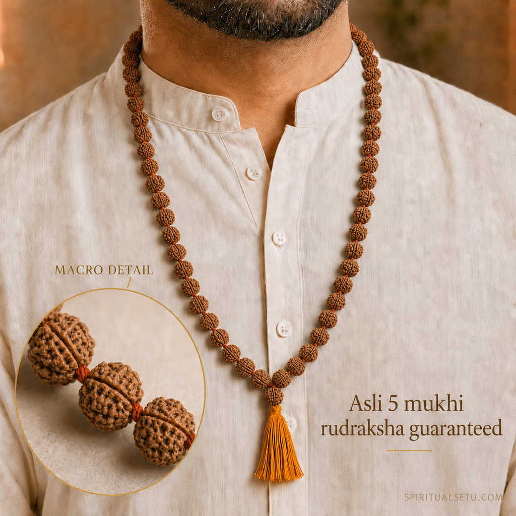 5 Mukhi Rudraksha Japa Mala – 108+1 Original Nepali Beads for Mantra Chanting, Meditation & Daily Wear