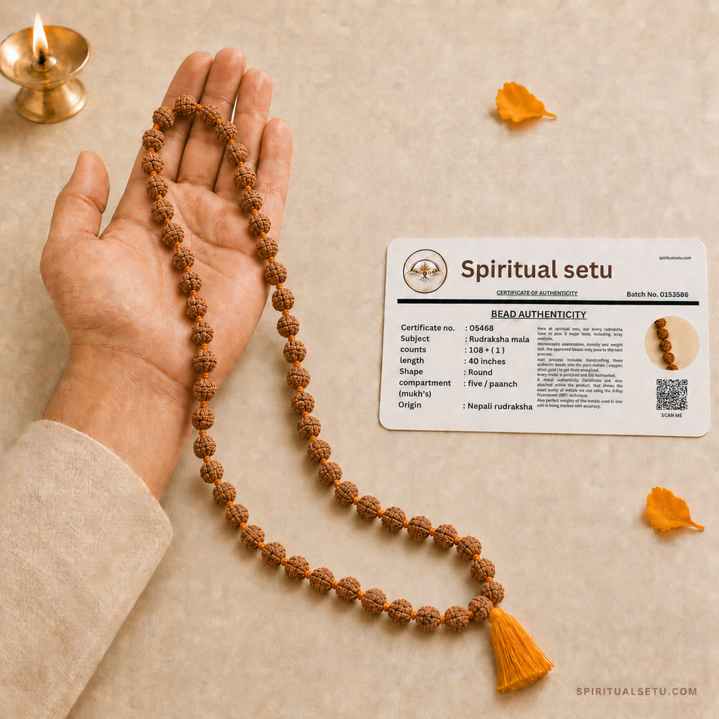 5 Mukhi Rudraksha Japa Mala – 108+1 Original Nepali Beads for Mantra Chanting, Meditation & Daily Wear