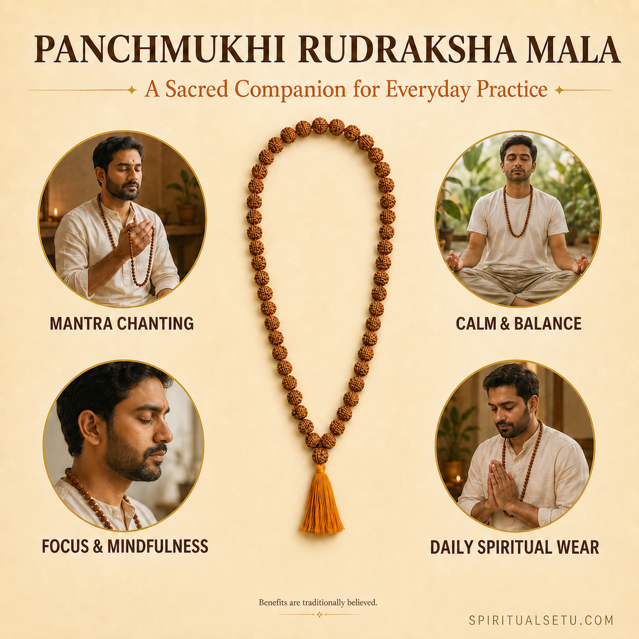 5 Mukhi Rudraksha Japa Mala – 108+1 Original Nepali Beads for Mantra Chanting, Meditation & Daily Wear