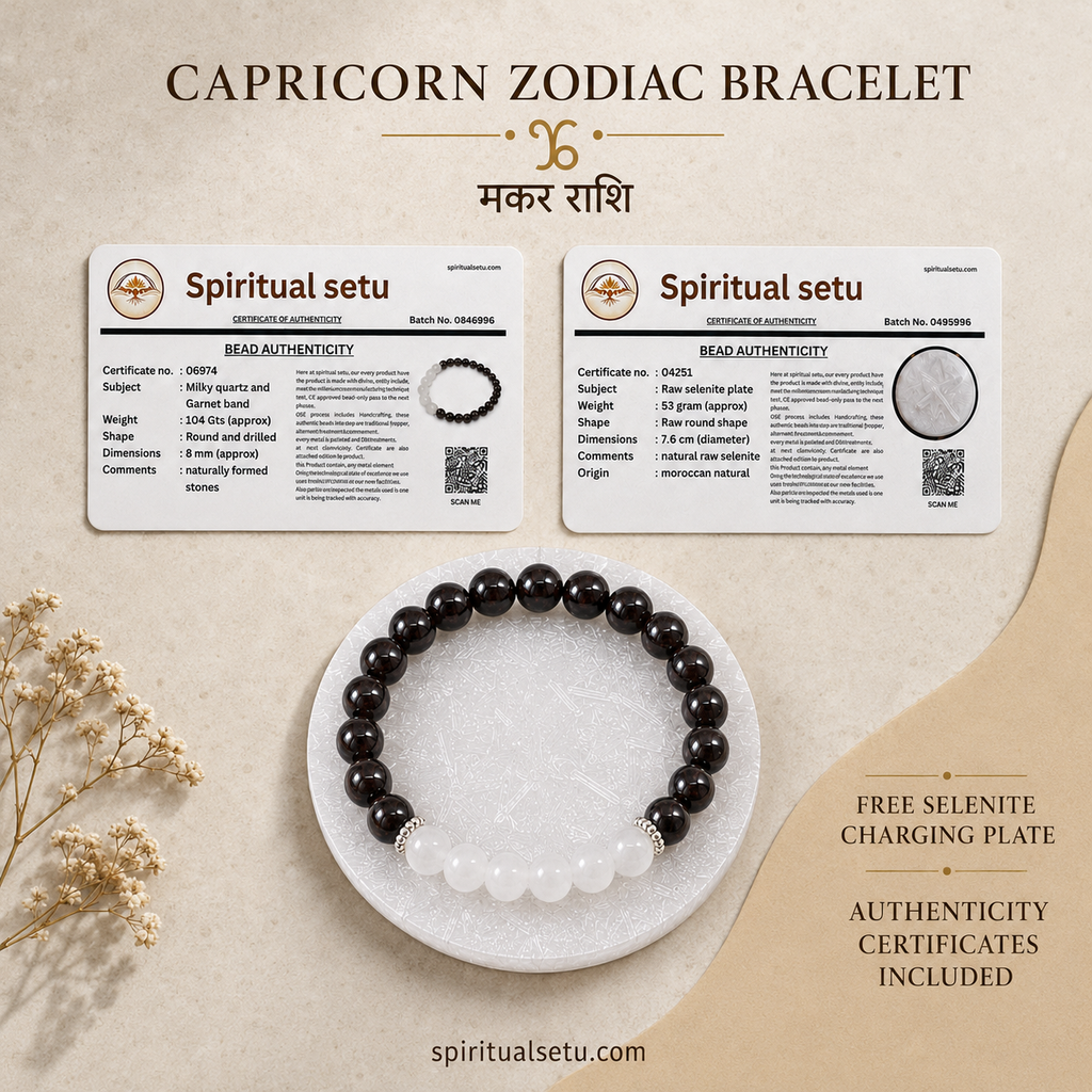 Capricorn Zodiac Bracelet | मकर राशि — Garnet & Milky Quartz