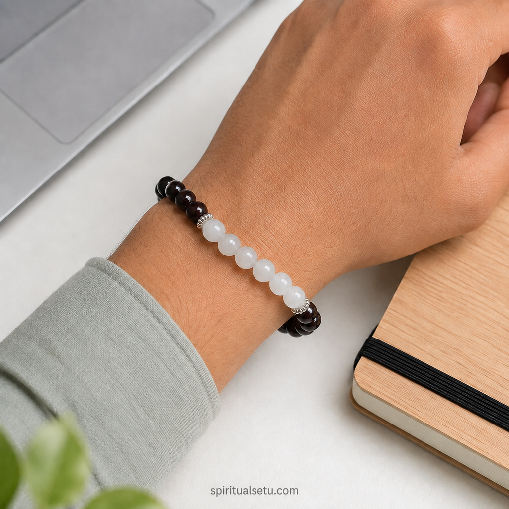 Capricorn Zodiac Bracelet | मकर राशि — Garnet & Milky Quartz