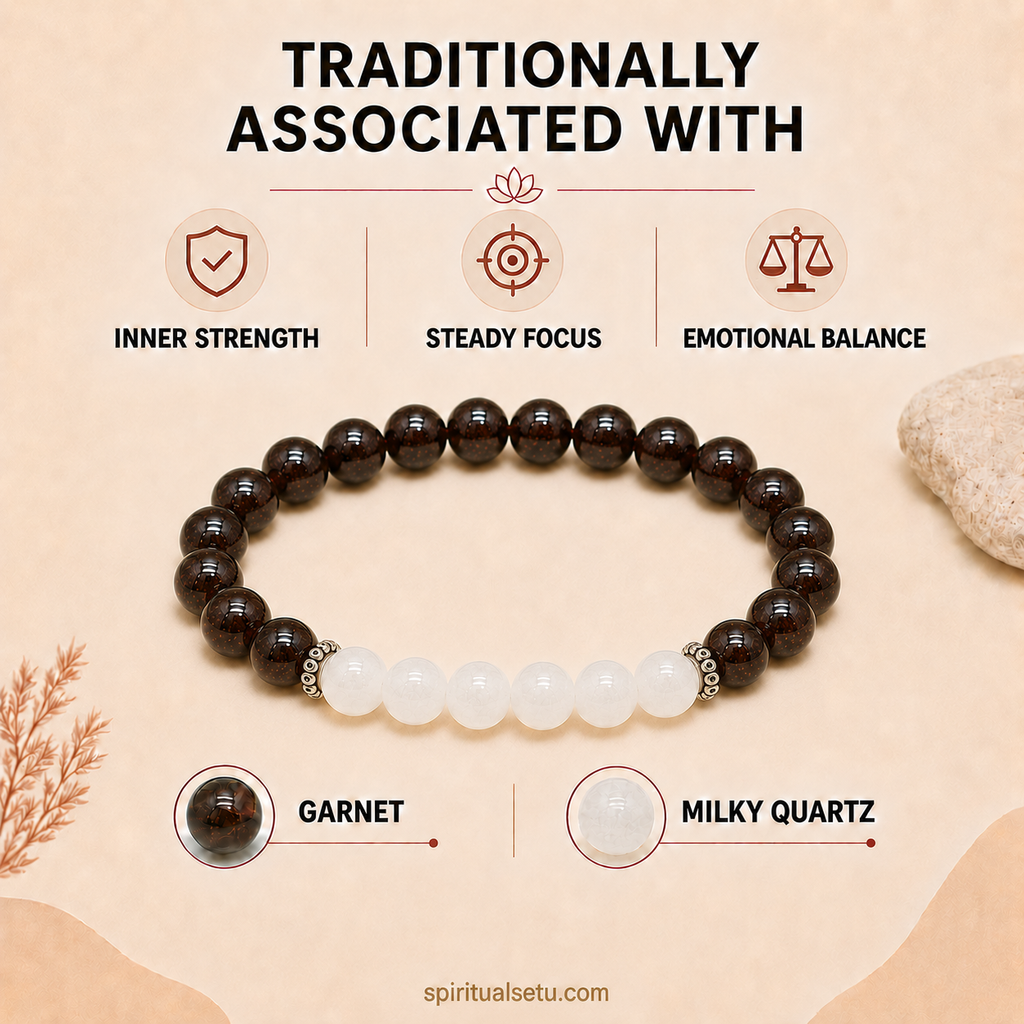 Capricorn Zodiac Bracelet | मकर राशि — Garnet & Milky Quartz