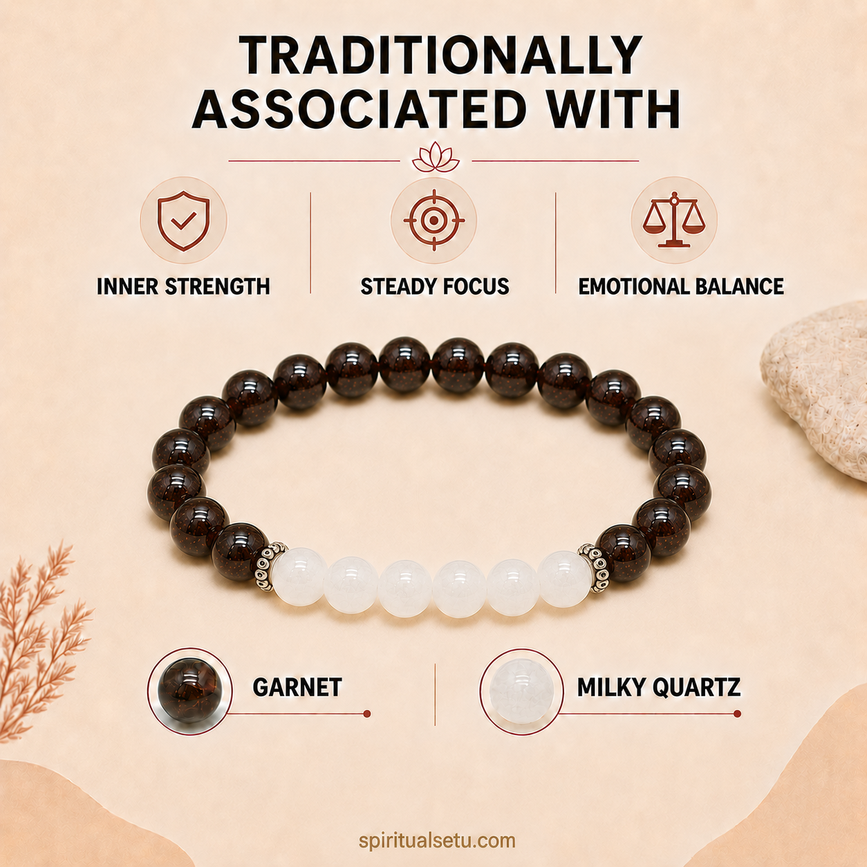 Capricorn Zodiac Bracelet | मकर राशि — Garnet & Milky Quartz
