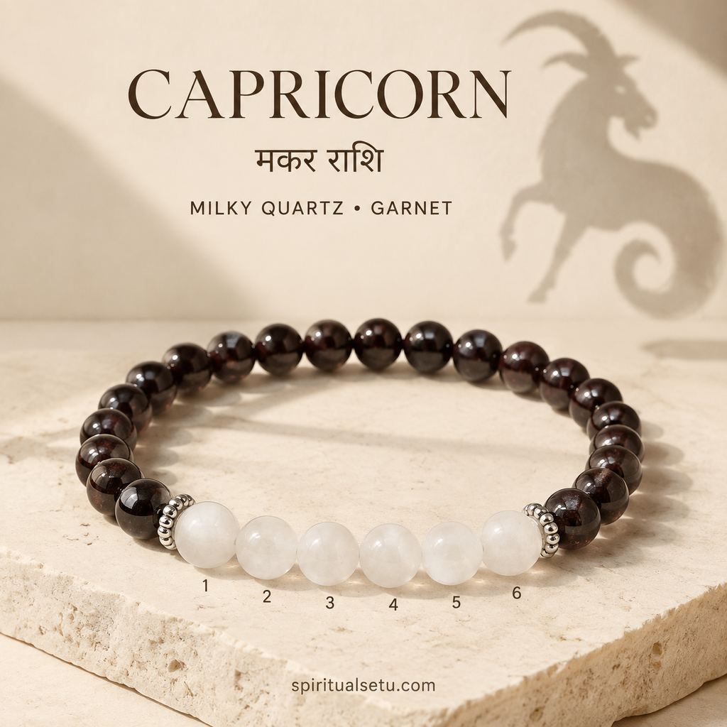 Capricorn Zodiac Bracelet | मकर राशि — Garnet & Milky Quartz