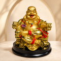 Golden Laughing Buddha Statue – Seated on Wealth Throne with Ingots & Coins