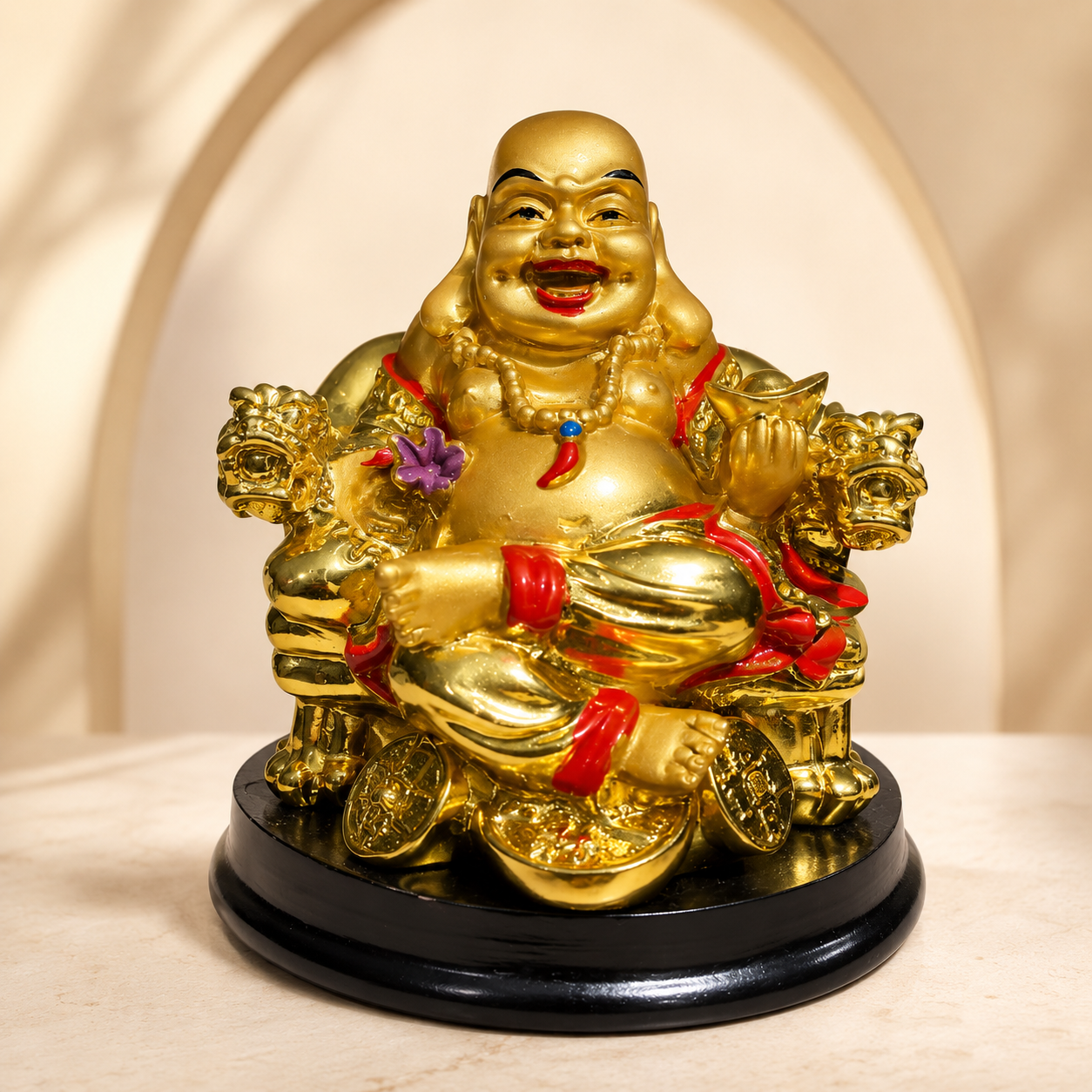Golden Laughing Buddha Statue – Seated on Wealth Throne with Ingots & Coins