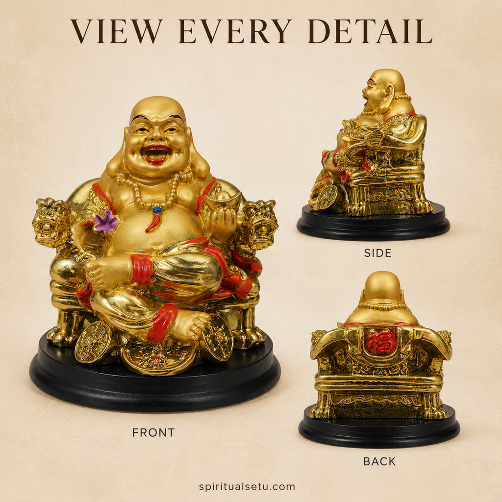 Golden Laughing Buddha Statue – Seated on Wealth Throne with Ingots & Coins