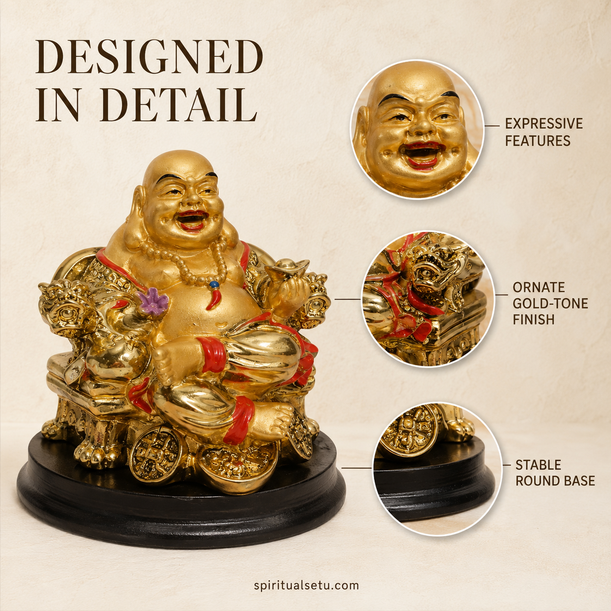 Golden Laughing Buddha Statue – Seated on Wealth Throne with Ingots & Coins