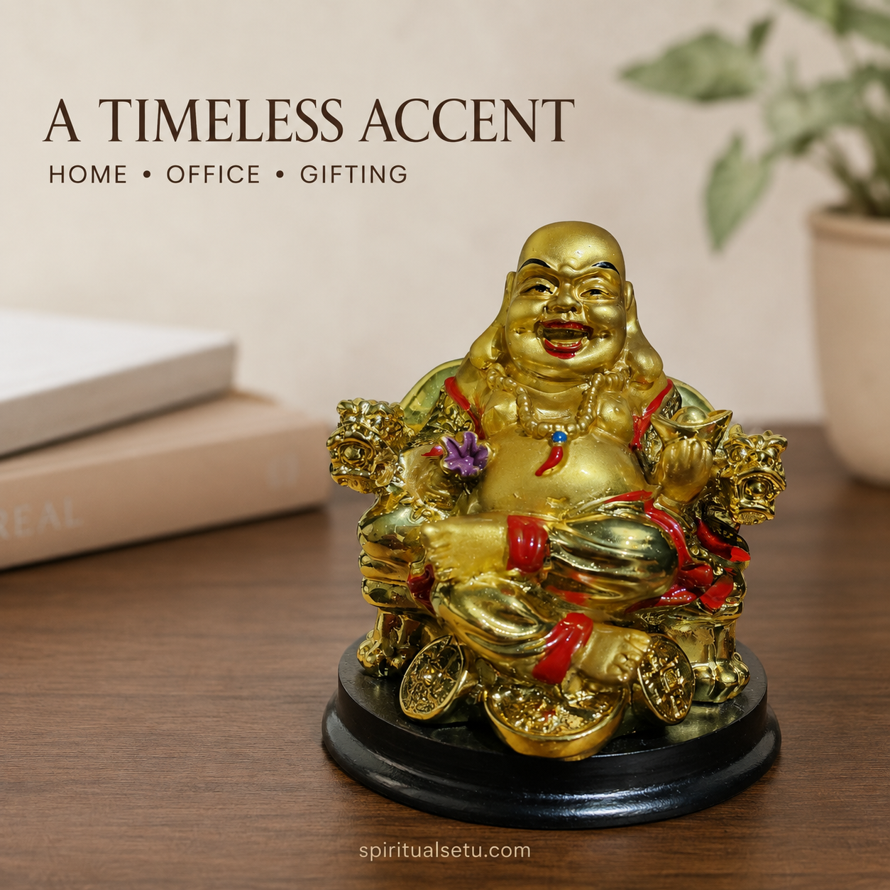 Golden Laughing Buddha Statue – Seated on Wealth Throne with Ingots & Coins