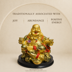 Golden Laughing Buddha Statue – Seated on Wealth Throne with Ingots & Coins