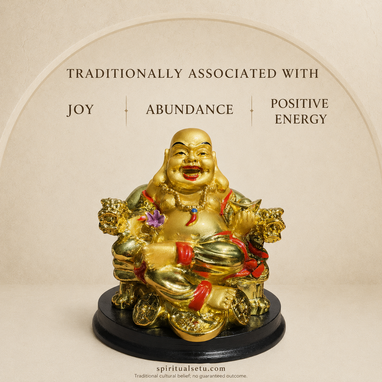 Golden Laughing Buddha Statue – Seated on Wealth Throne with Ingots & Coins
