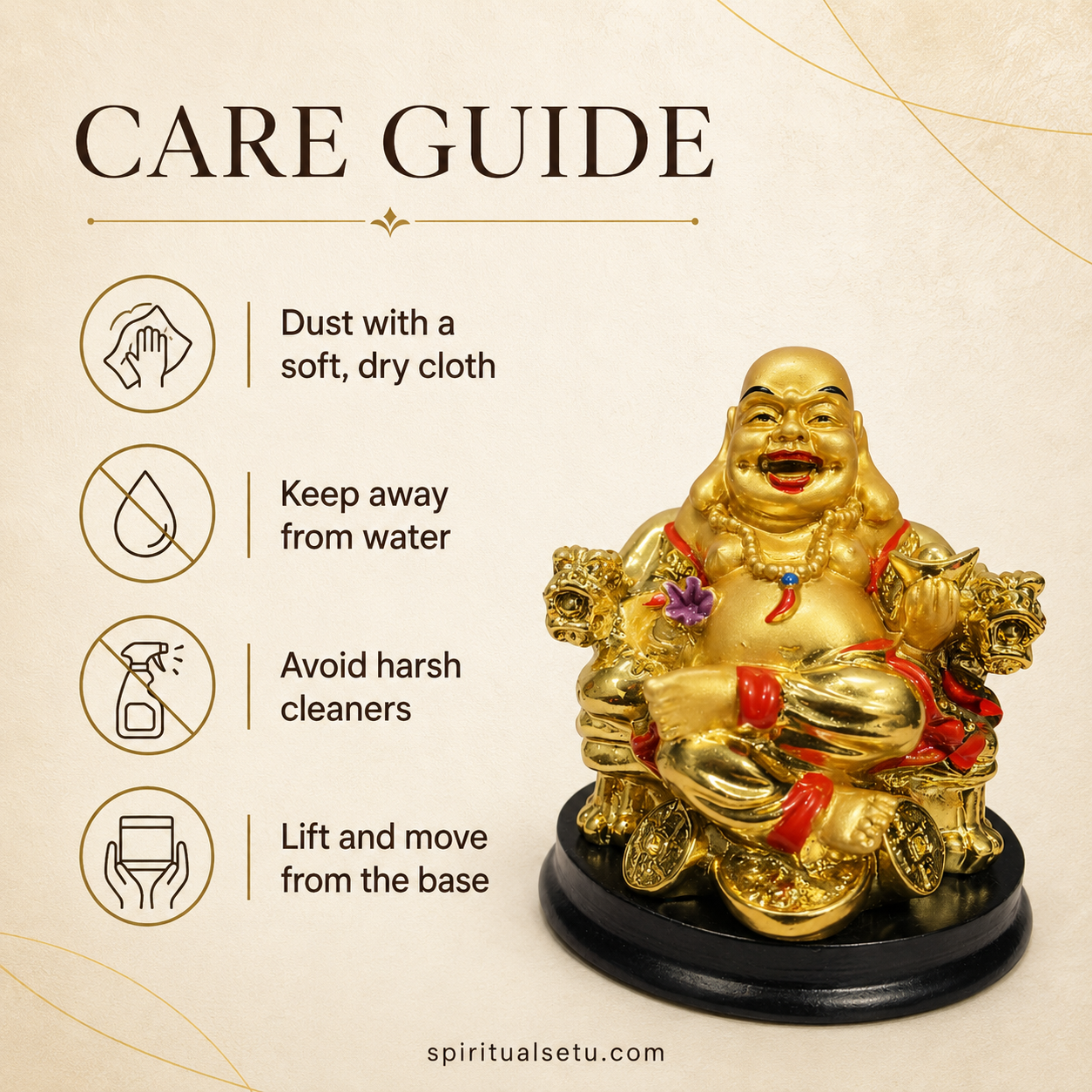 Golden Laughing Buddha Statue – Seated on Wealth Throne with Ingots & Coins