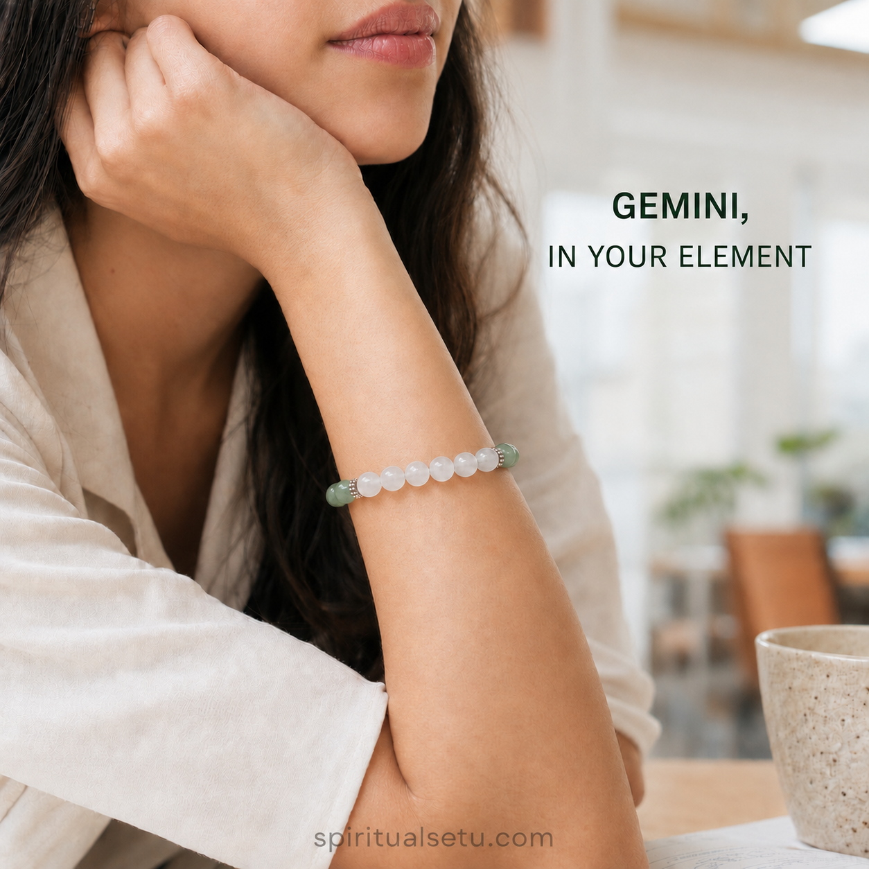 Gemini zodiac bracelet | मिथुन राशि — Green Aventurine & Milky Quartz