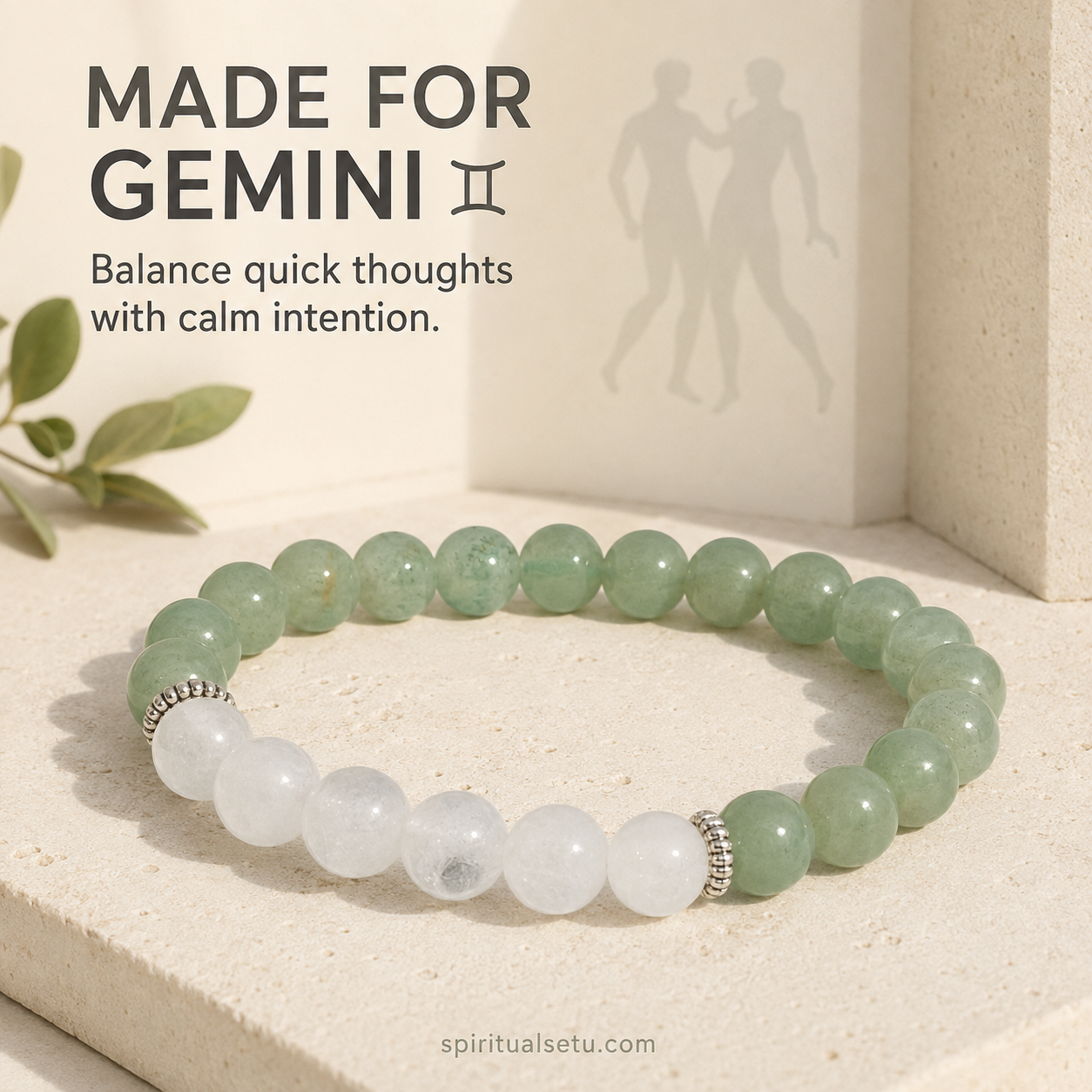Gemini zodiac bracelet | मिथुन राशि — Green Aventurine & Milky Quartz