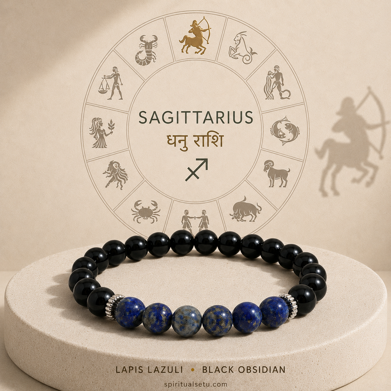 Sagittarius Zodiac Bracelet | धनु राशि — Black Obsidian & Lapis Lazuli