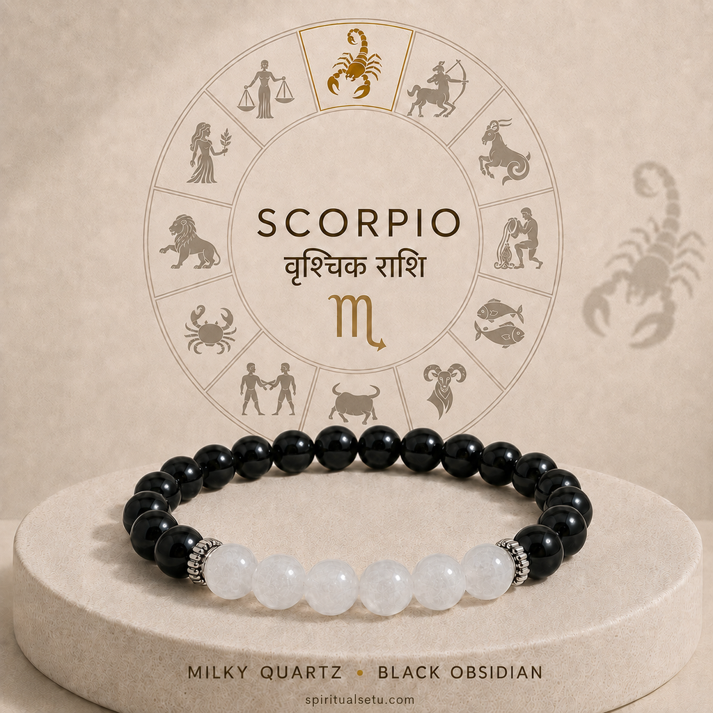 Scorpio Zodiac Bracelet | वृश्चिक राशि — Black Obsidian & Milky Quartz