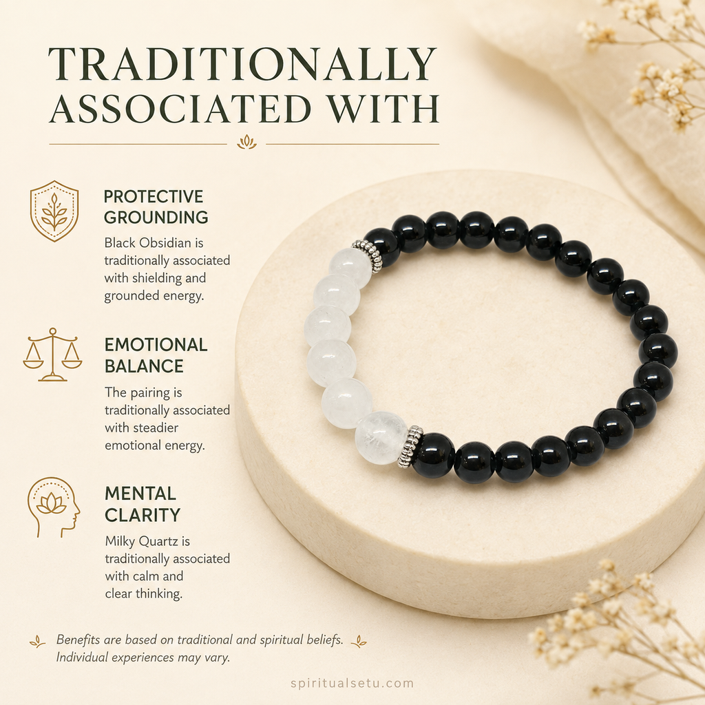 Scorpio Zodiac Bracelet | वृश्चिक राशि — Black Obsidian & Milky Quartz