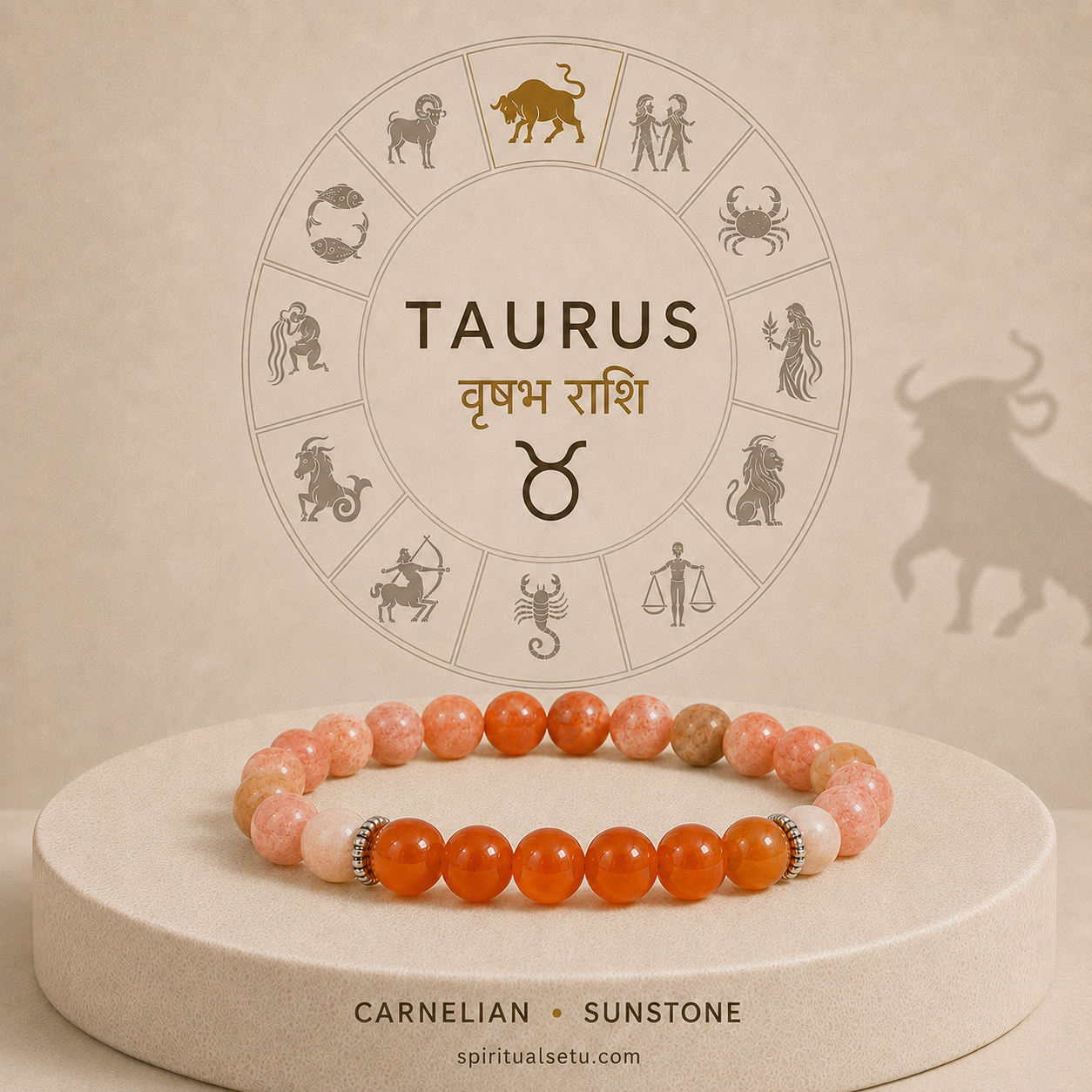 Taurus Zodiac Bracelet | वृषभ राशि — Carnelian + Sunstone