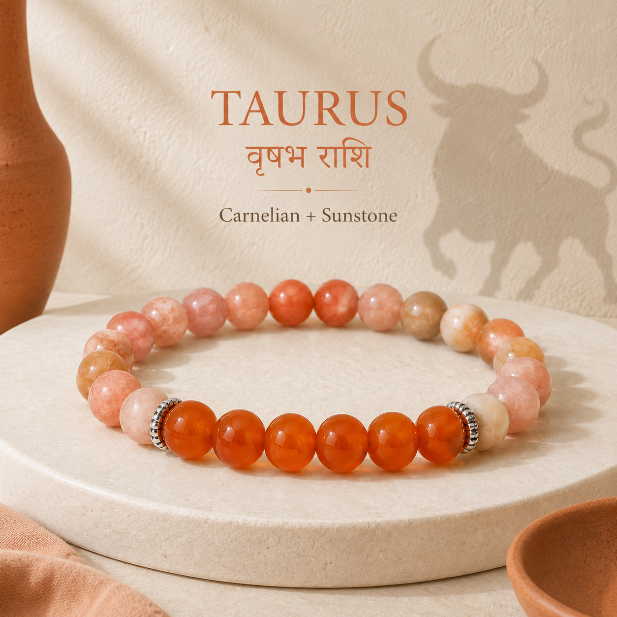 Taurus Zodiac Bracelet | वृषभ राशि — Carnelian + Sunstone