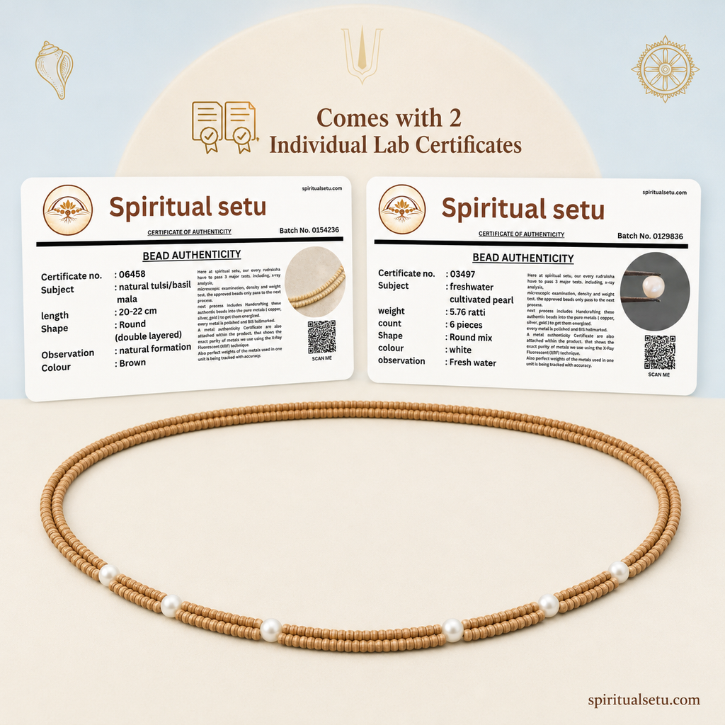 Tulsi Pearl Kanthi Mala — Double Layer Natural Tulsi Wood Beads with Chandra Moti (6 Pearls)