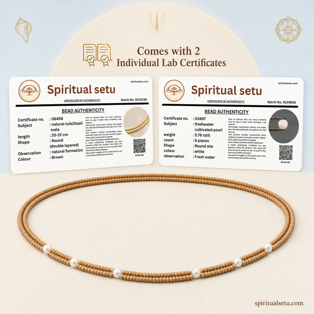 Tulsi Pearl Kanthi Mala — Double Layer Natural Tulsi Wood Beads with Chandra Moti (6 Pearls)