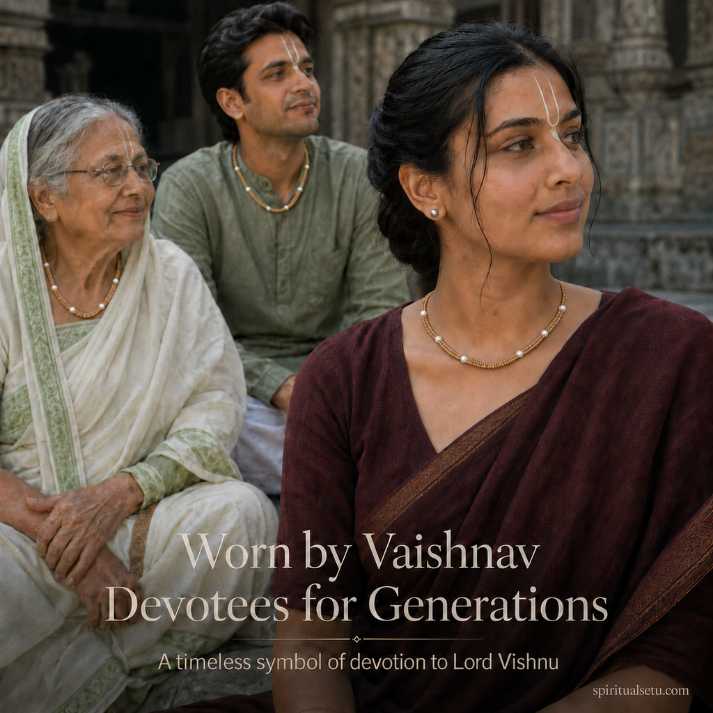 Tulsi Pearl Kanthi Mala — Double Layer Natural Tulsi Wood Beads with Chandra Moti (6 Pearls)