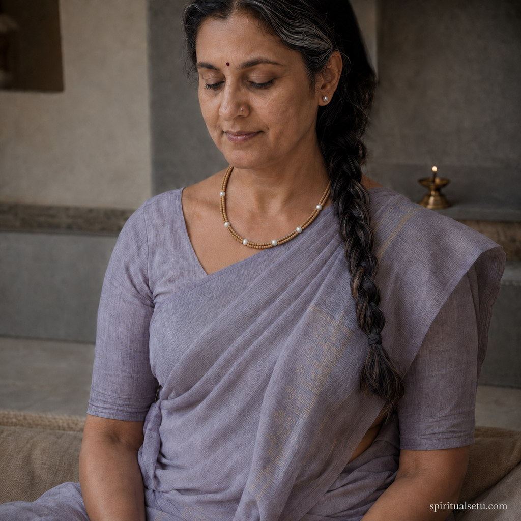 Tulsi Pearl Kanthi Mala — Double Layer Natural Tulsi Wood Beads with Chandra Moti (6 Pearls)