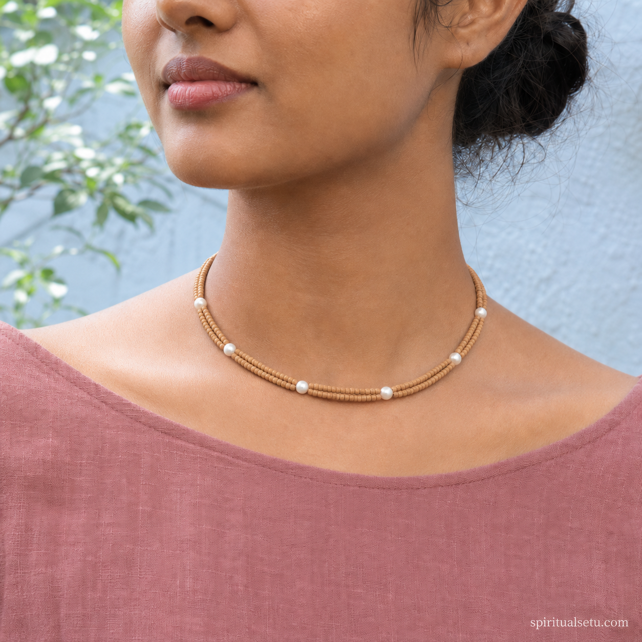 Tulsi Pearl Kanthi Mala — Double Layer Natural Tulsi Wood Beads with Chandra Moti (6 Pearls)