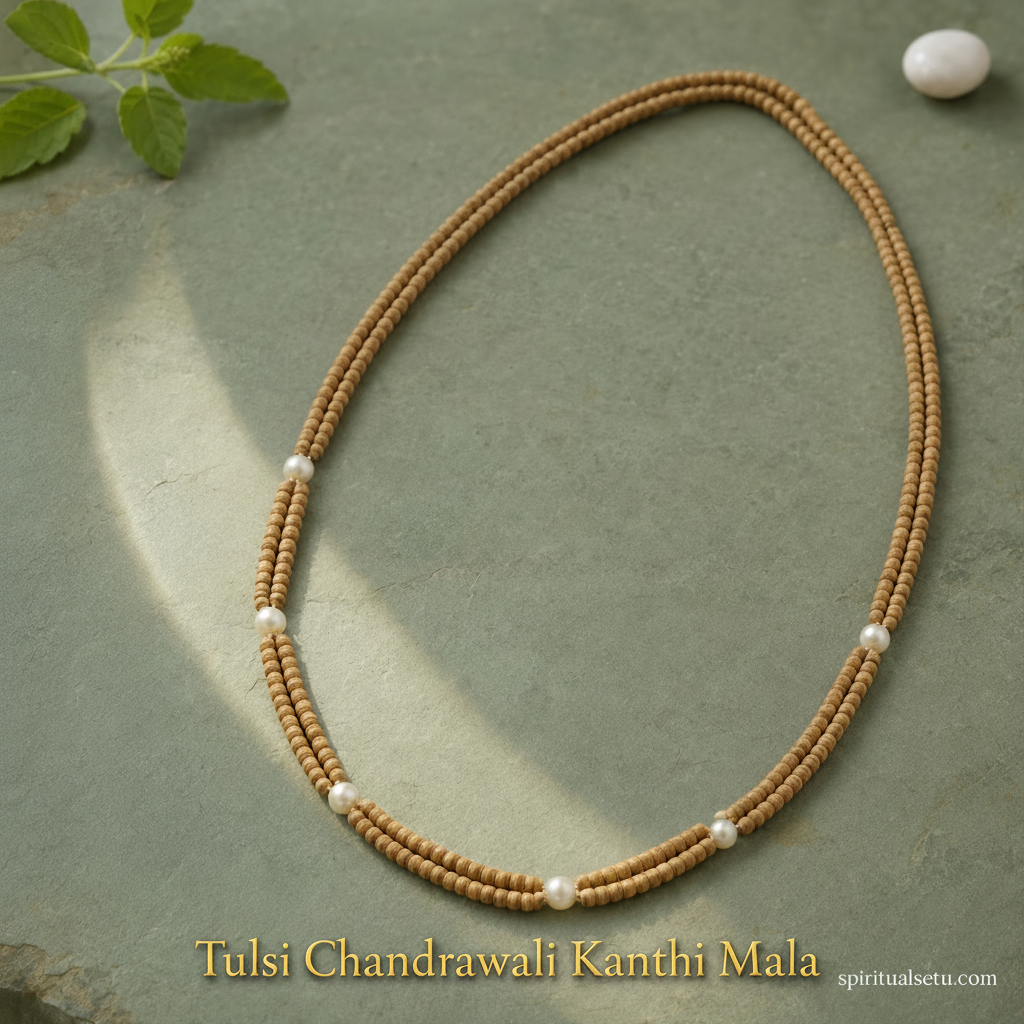Tulsi Pearl Kanthi Mala — Double Layer Natural Tulsi Wood Beads with Chandra Moti (6 Pearls)