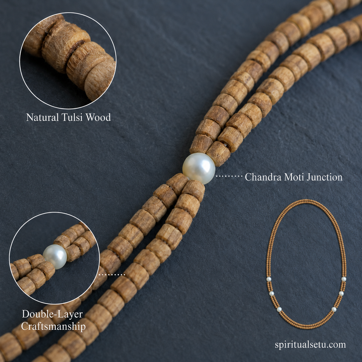 Tulsi Pearl Kanthi Mala — Double Layer Natural Tulsi Wood Beads with Chandra Moti (6 Pearls)