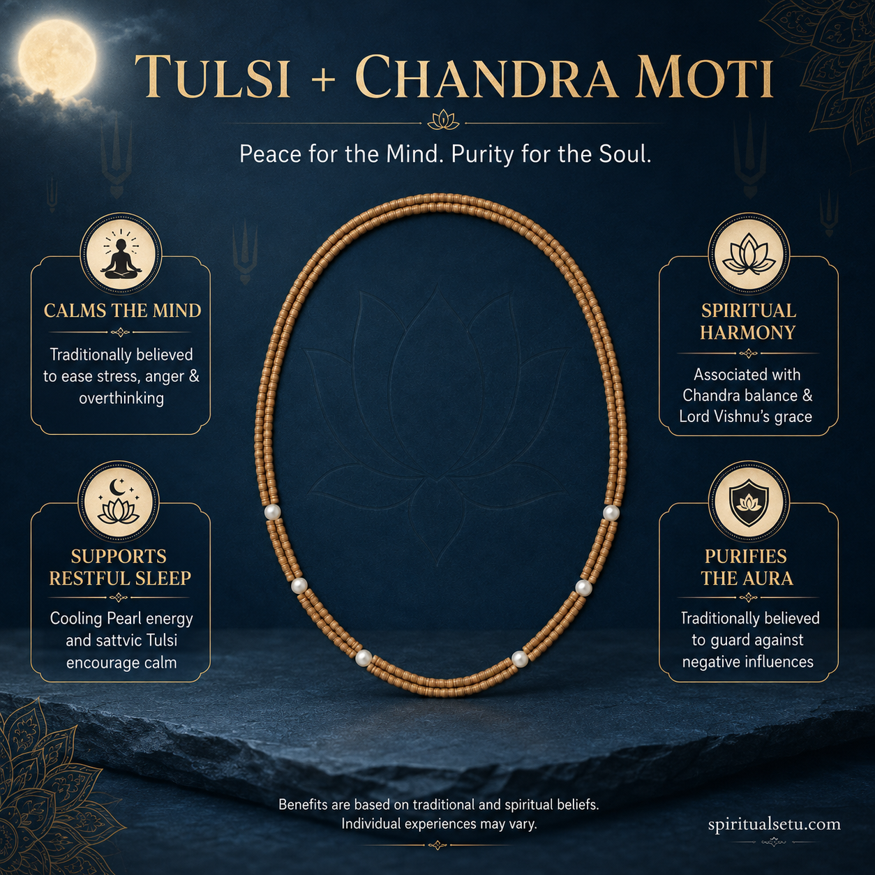Tulsi Pearl Kanthi Mala — Double Layer Natural Tulsi Wood Beads with Chandra Moti (6 Pearls)