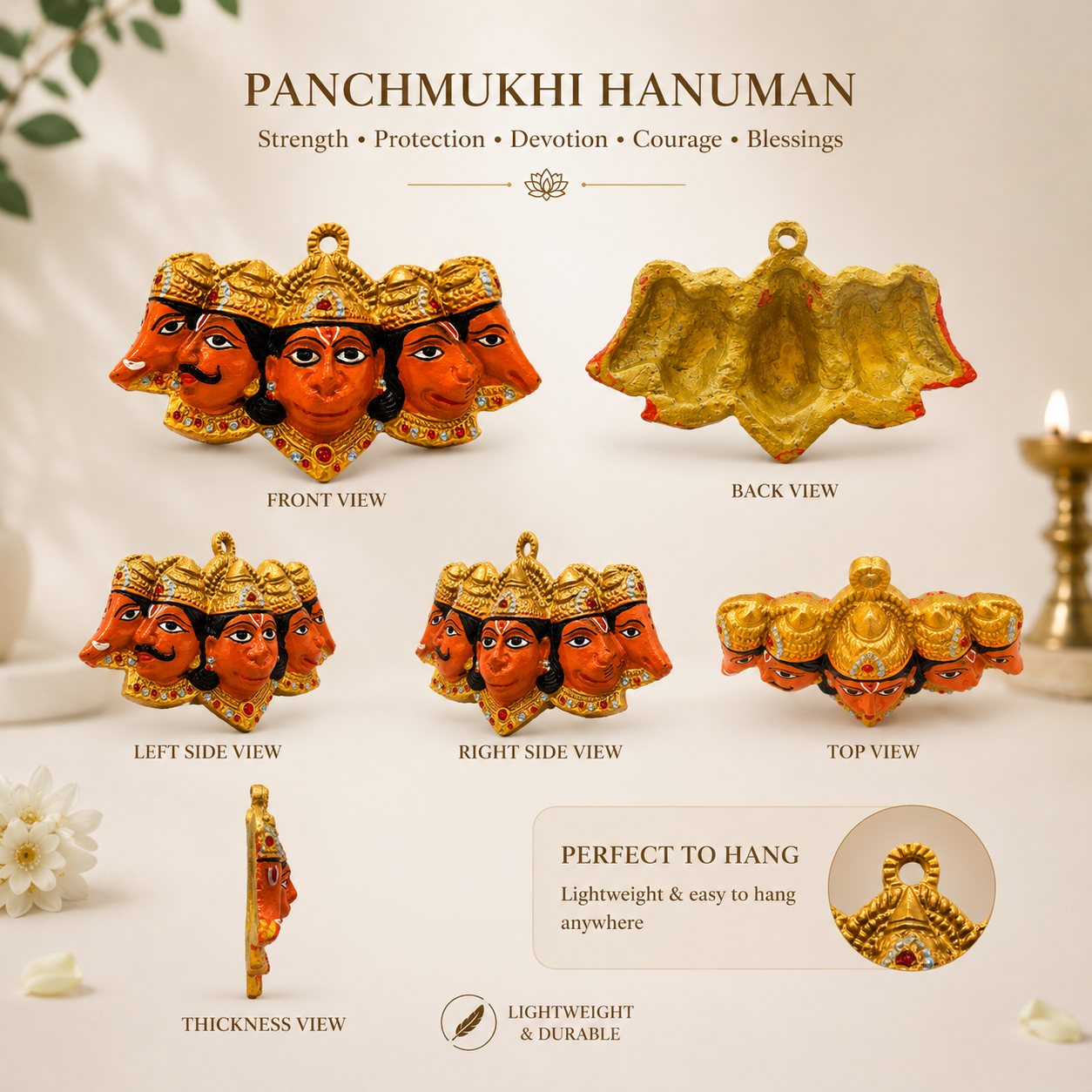 Panchmukhi Hanuman Metal Wall Hanging Idol for Home & Office
