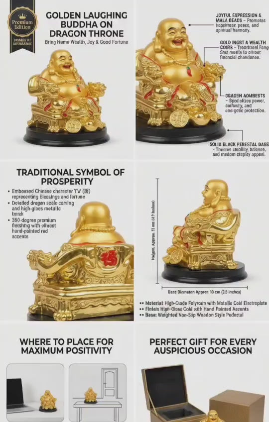 Golden Laughing Buddha Statue – Seated on Wealth Throne with Ingots & Coins