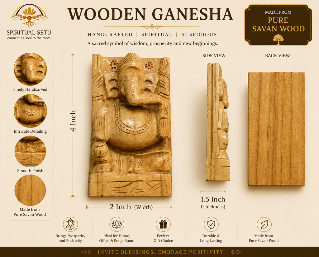 Handcrafted Wooden Ganesha Idol – Pure Savan Wood | Vastu Ganpati for Home, Office & Car Dashboard | Spiritual Setu