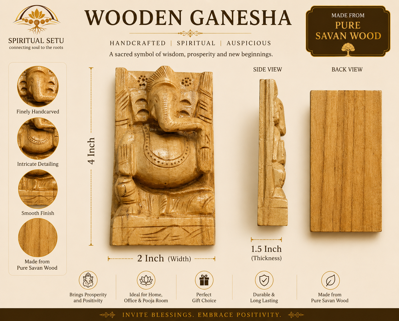 Handcrafted Wooden Ganesha Idol – Pure Savan Wood | Vastu Ganpati for Home, Office & Car Dashboard | Spiritual Setu
