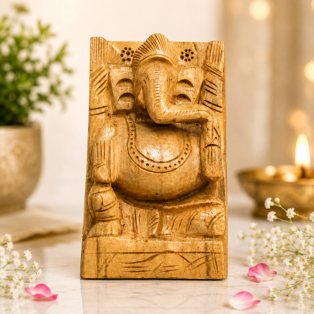 Handcrafted Wooden Ganesha Idol – Pure Savan Wood | Vastu Ganpati for Home, Office & Car Dashboard | Spiritual Setu